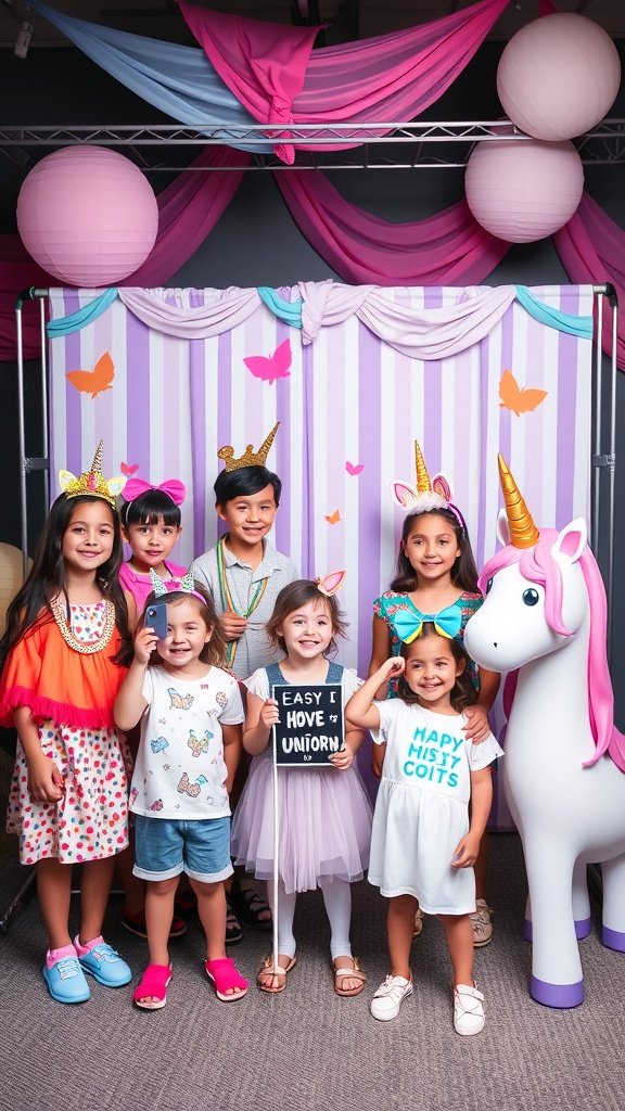 A group of children at a unicorn-themed photo booth, dressed in colorful accessories, posing happily.