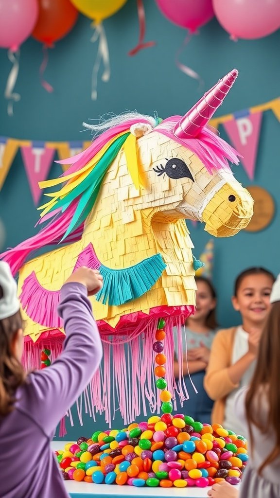 A colorful unicorn piñata surrounded by children at a party, with candy scattered around.
