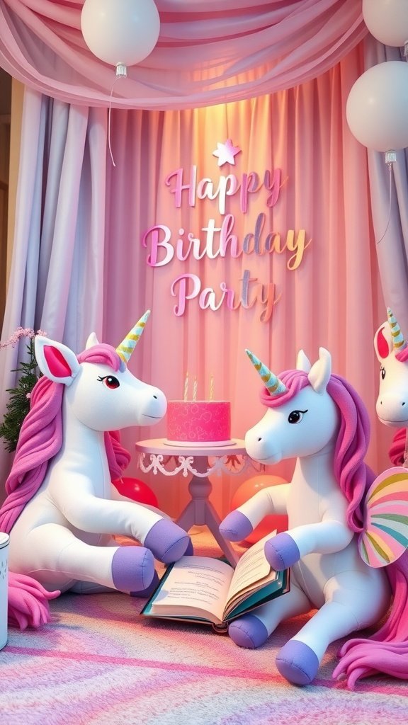 A cozy storytime corner for a unicorn-themed birthday party with plush unicorns, a birthday cake, and storybooks.