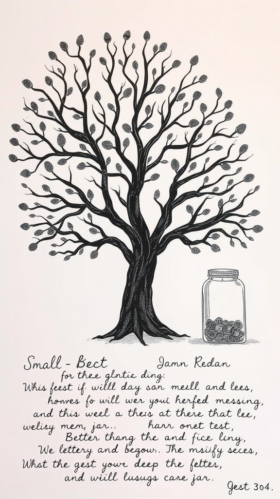 Illustration of a tree with branches and leaves, accompanied by a jar for guest messages.