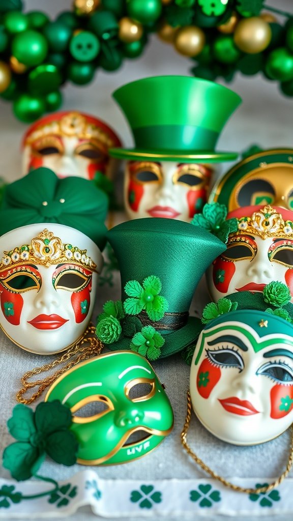 A variety of colorful St. Patrick's Day masks in green and gold