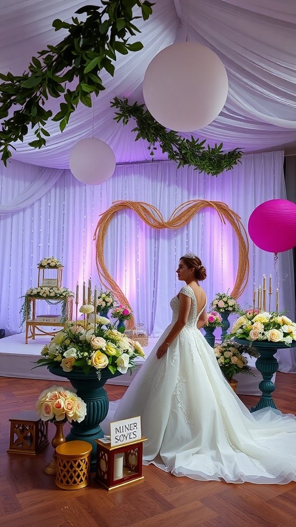 An elegant bridal shower setup with a heart-shaped backdrop, floral arrangements, and soft lighting.