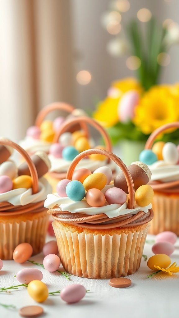 Vanilla Bean Easter Basket Cupcakes topped with colorful candy eggs and basket handles