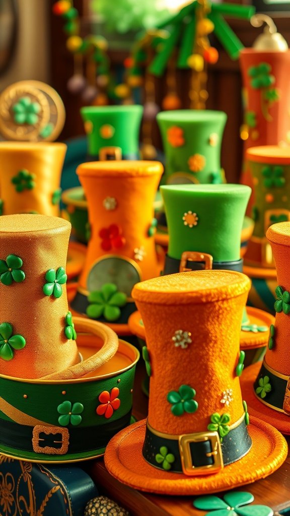 A vibrant collection of leprechaun hats in orange and green, decorated with shamrocks and sparkly accents, perfect for St. Patrick's Day.