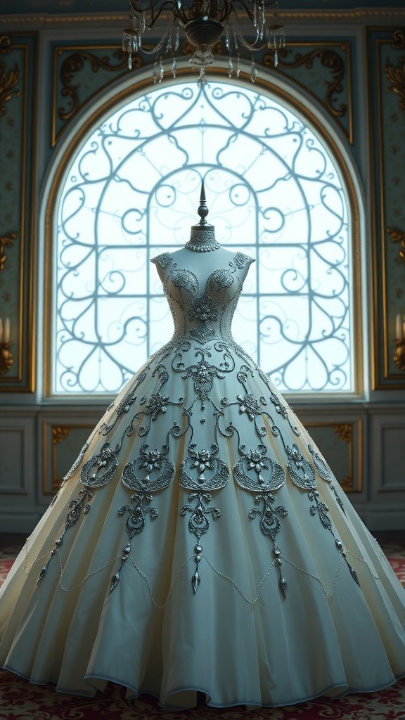 A vintage-inspired ball gown with intricate embellishments displayed elegantly.