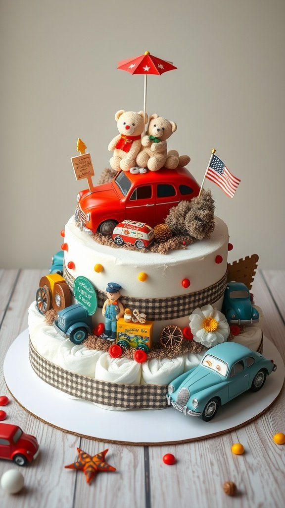 Vintage Car Diaper Cake featuring teddy bears, red car, and colorful decorations
