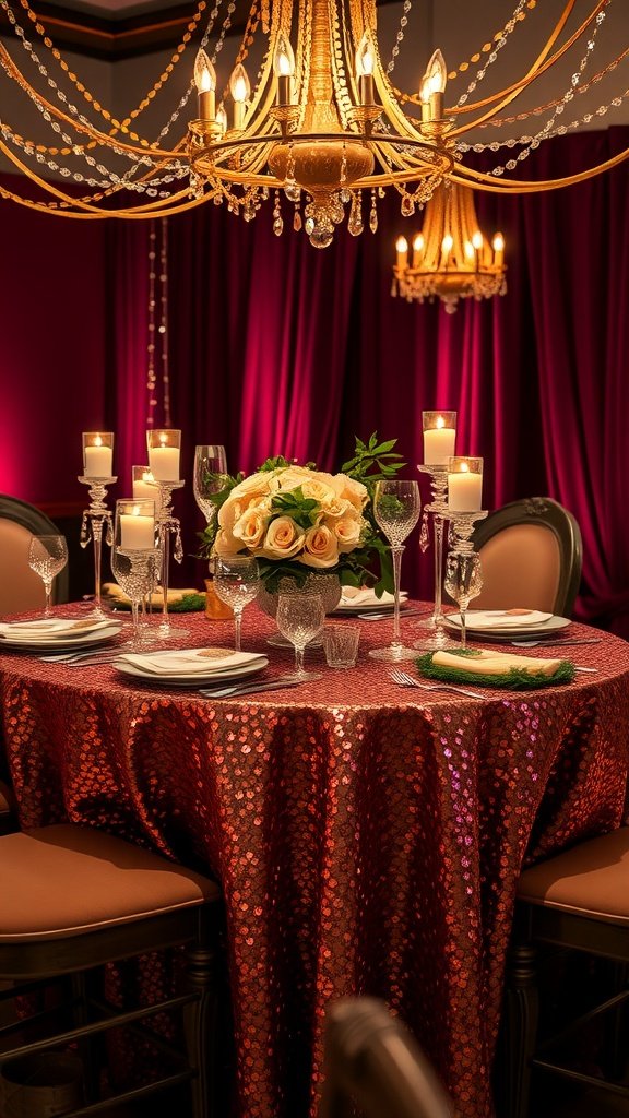 A romantic wedding table setting featuring a red sequin tablecloth, a floral centerpiece of roses, candles, and an elegant chandelier.