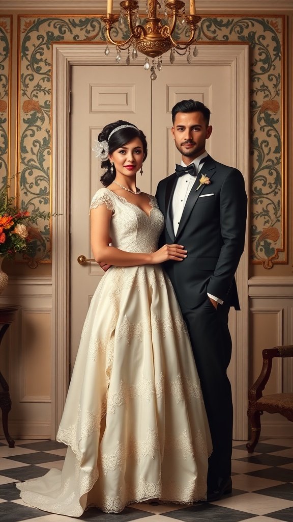 Couple dressed in vintage glamour outfits, showcasing elegance and style.