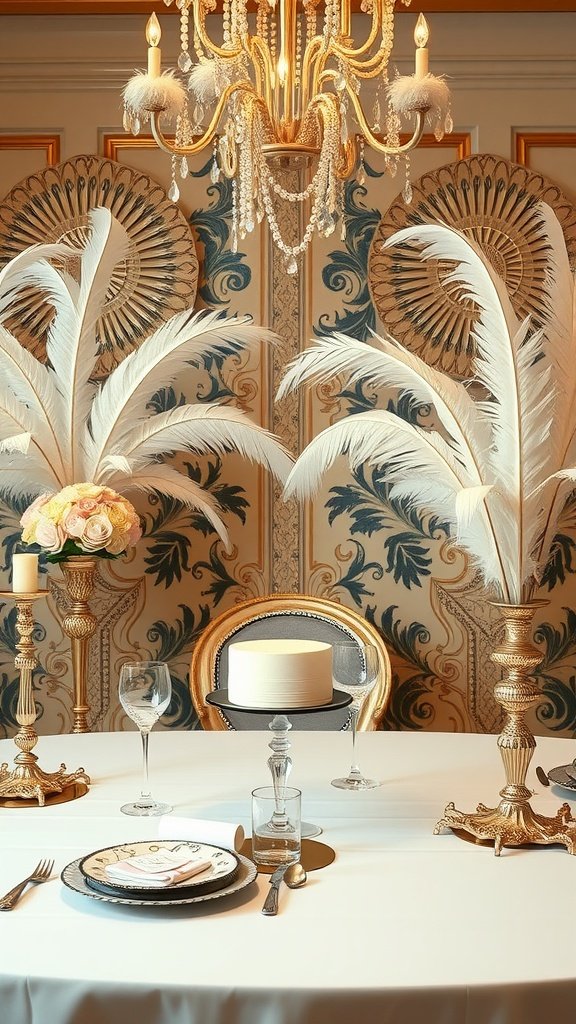 A beautifully set table for a vintage glamorous bridal shower, featuring white feathers, floral arrangements, and elegant dinnerware under a chandelier.