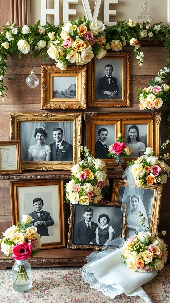A vintage photo display featuring ornate frames with black-and-white wedding photos, adorned with colorful roses and greenery.