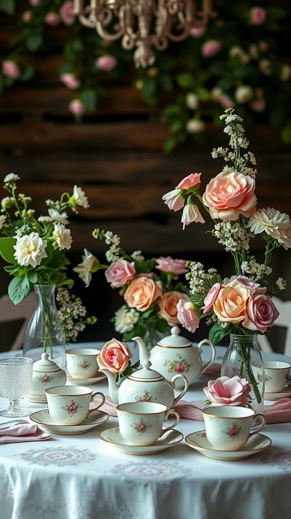 A beautifully arranged vintage tea party table setting with floral decorations, china cups, and a teapot.