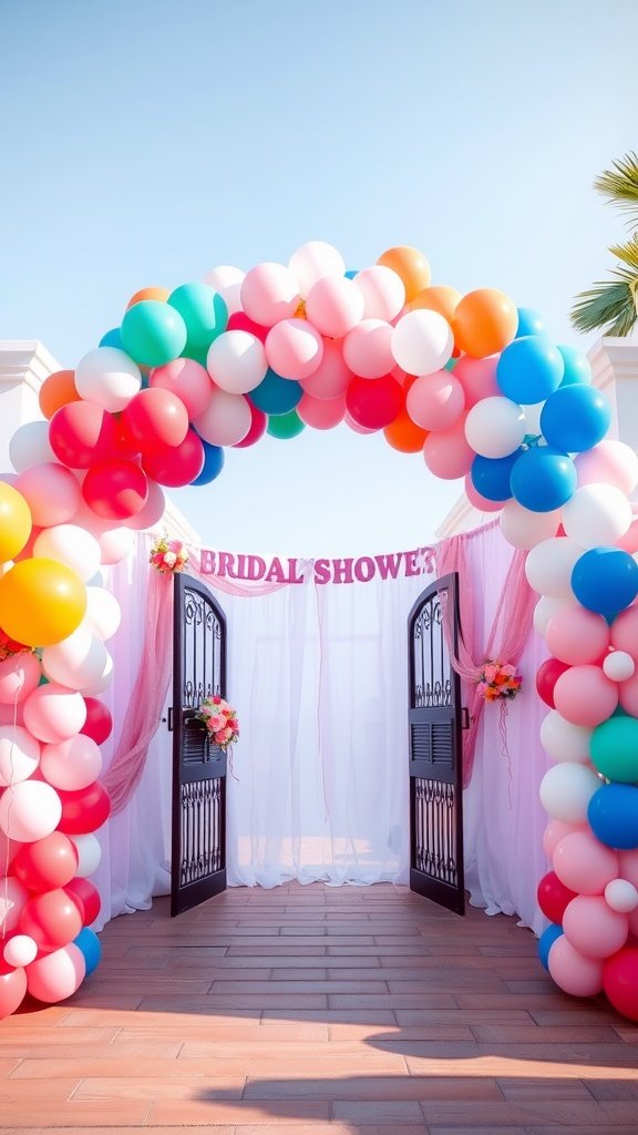 A colorful balloon arch for a bridal shower with double doors and a welcoming sign.