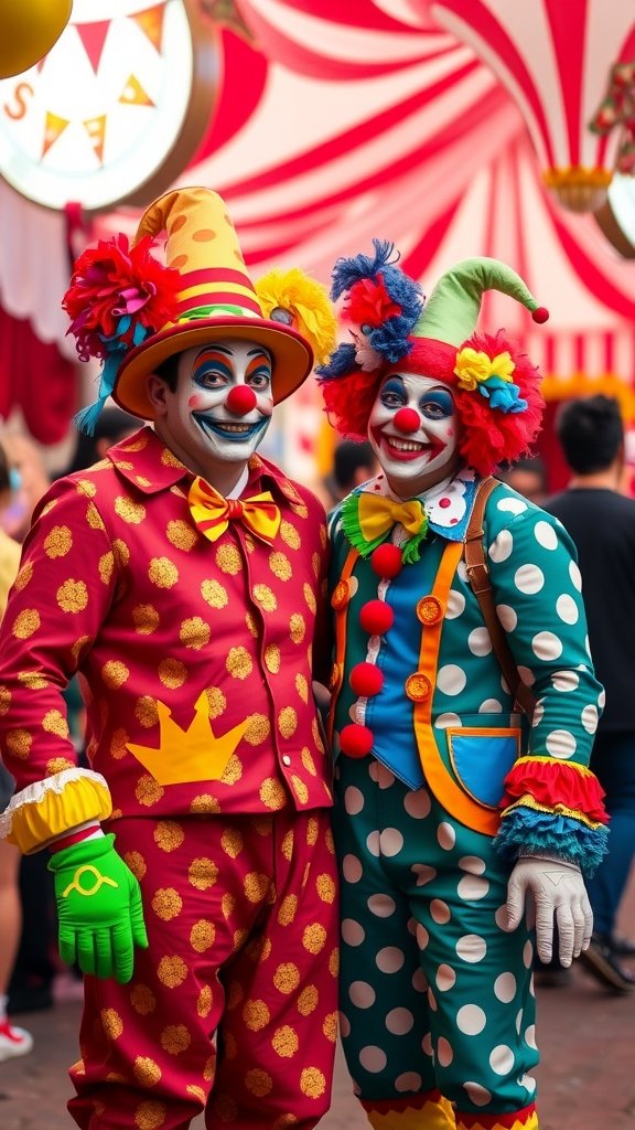 A cheerful couple dressed as clowns, featuring bright costumes and painted faces, smiling together.