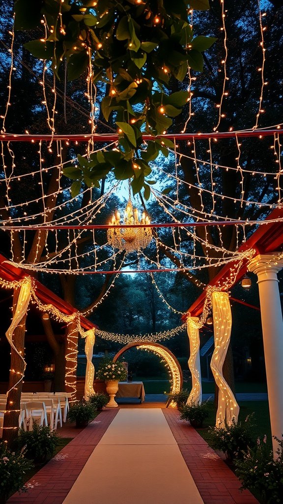 A beautifully decorated outdoor wedding aisle with fairy lights, drapes, and a chandelier