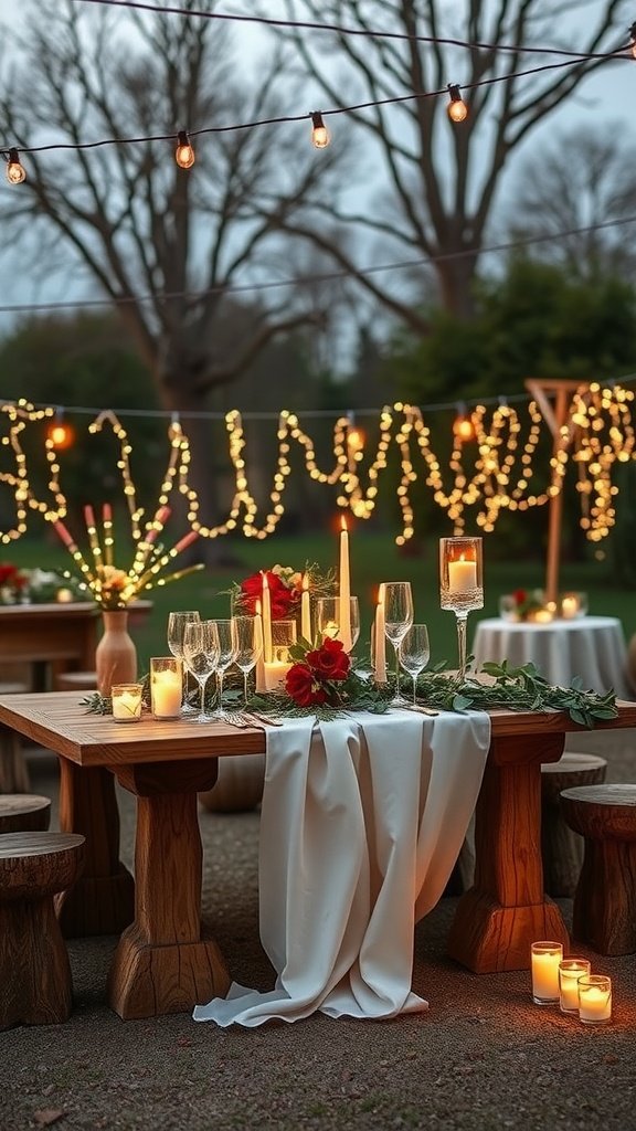 A romantic wedding table setting with fairy lights, candles, and red roses.