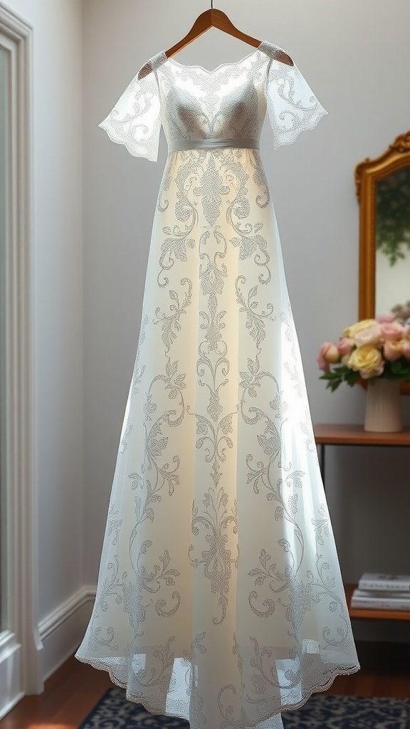 A whimsical lace wedding gown hanging elegantly, showcasing intricate lace patterns and soft, flowing fabric.