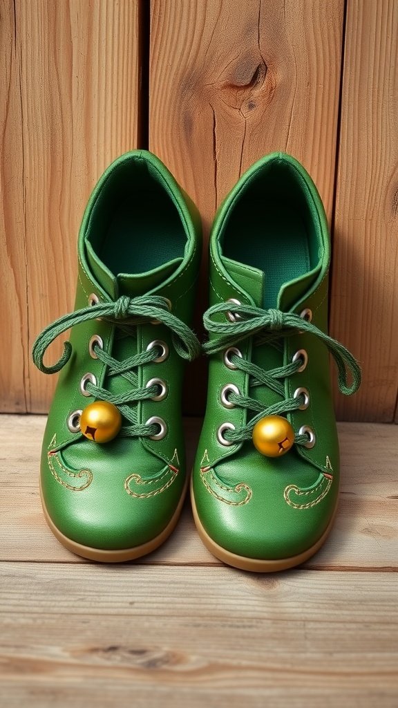 Bright green leprechaun shoes with golden bells on a wooden background