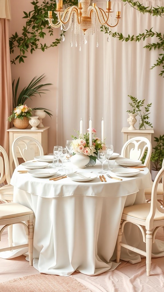 A romantic wedding table setting with a pastel palette featuring a floral centerpiece, elegant tableware, and a chandelier.