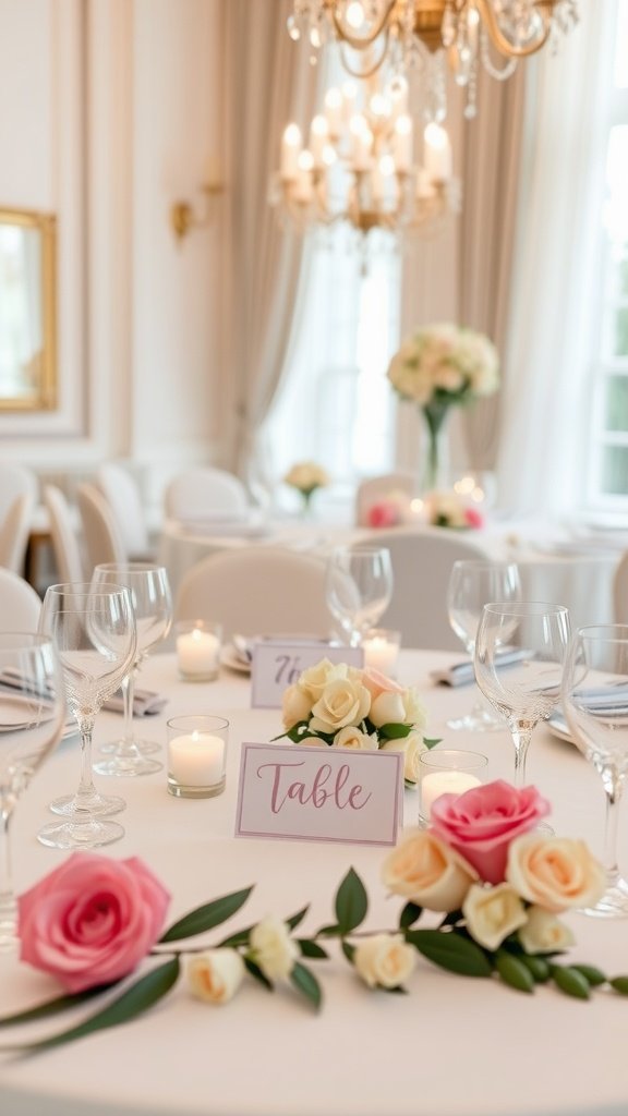Elegant wedding table with floral arrangements and candles