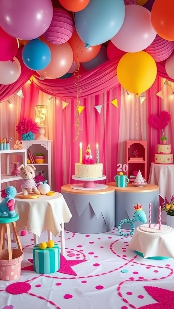 A vibrant 2nd birthday party setting with colorful balloons, a decorated cake, and playful toys.
