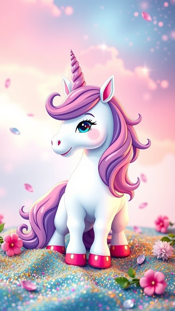 An adorable cartoon unicorn with a pink mane and a sparkling horn, set against a pastel sky with flowers and sparkles.