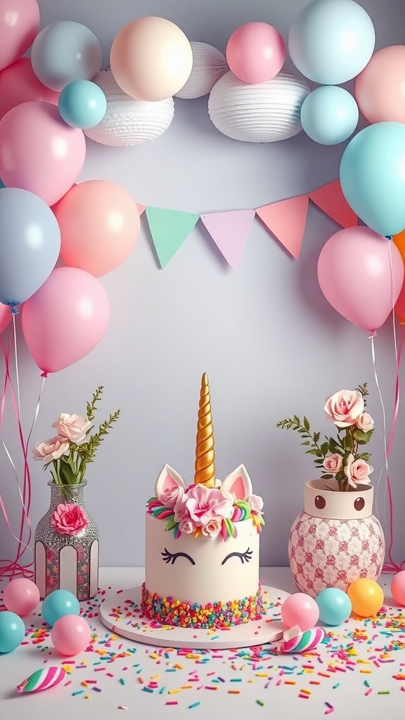 A whimsical unicorn-themed birthday setup with a decorated cake and colorful balloons.