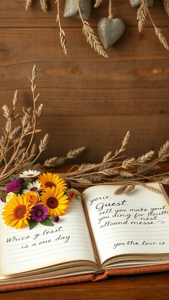 A wildflower-inspired guest book with flowers and handwritten messages.