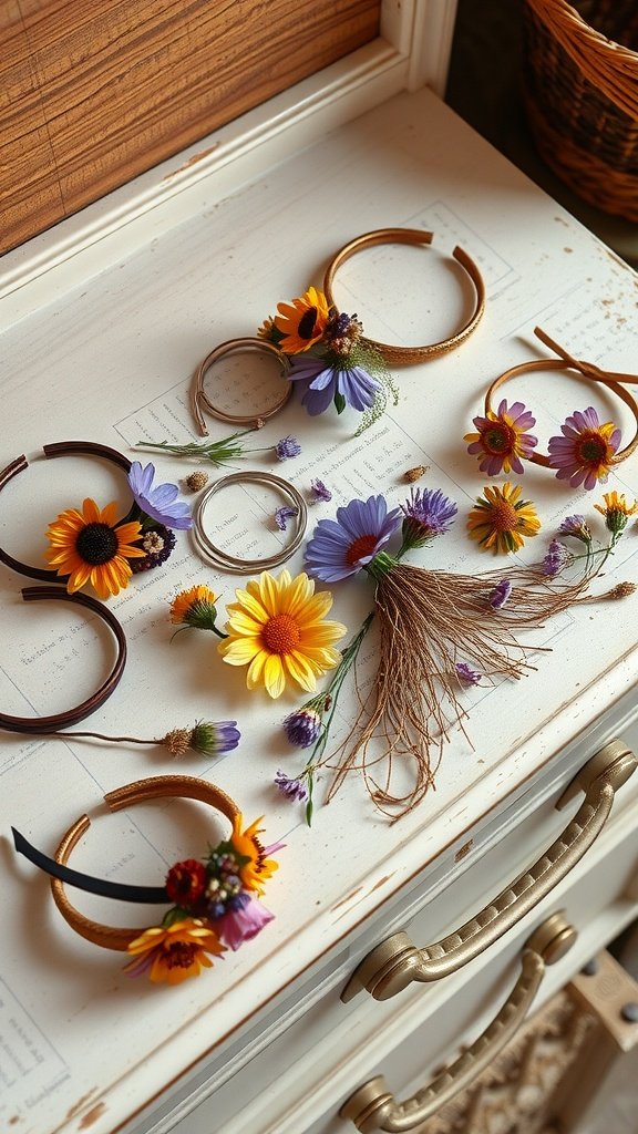 An assortment of wildflower-inspired hair accessories displayed on a table.