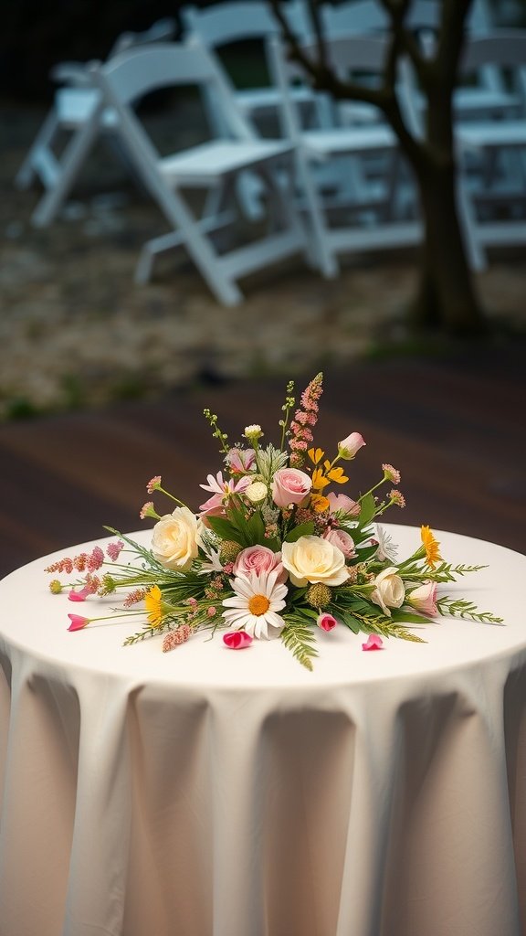 A floral centerpiece on a table, showcasing a mix of roses, daisies, and wildflowers.