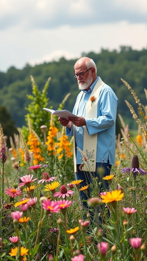 A wedding officiant reading vows in a field of wildflowers.