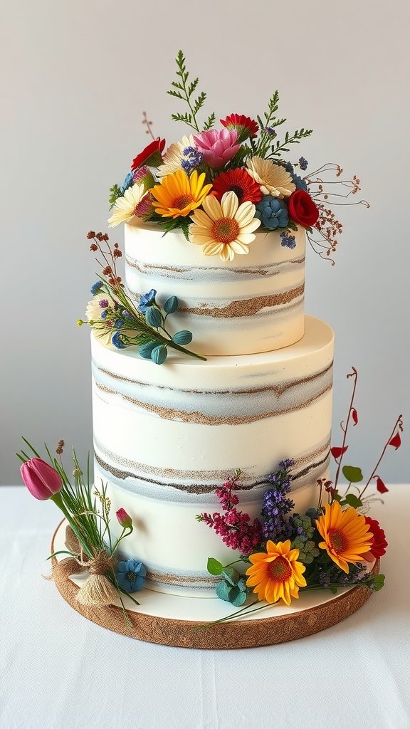 A two-tiered wedding cake decorated with vibrant wildflowers and greenery on top
