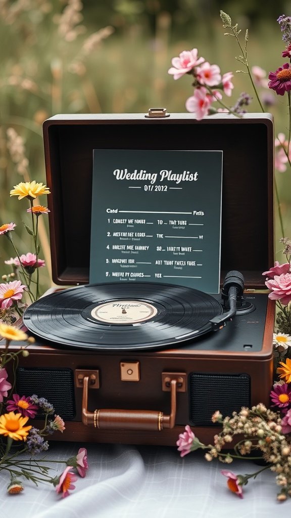 A vintage record player surrounded by beautiful wildflowers with a wedding playlist sheet.