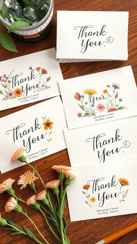 A collection of wildflower-themed thank you cards on a wooden table with flowers and a jar.
