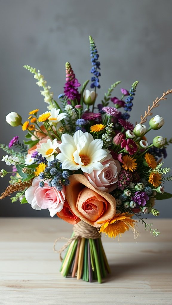A colorful wildflower bridal bouquet featuring daisies, roses, and various vibrant wildflowers, elegantly tied with twine.