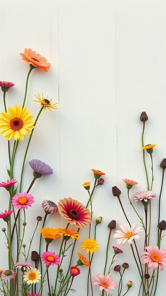 An assortment of vibrant wildflowers in pink, yellow, and orange against a white background