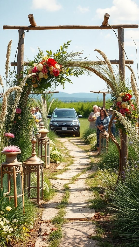 A beautiful wedding aisle decorated with wildflowers, an arch, and lanterns