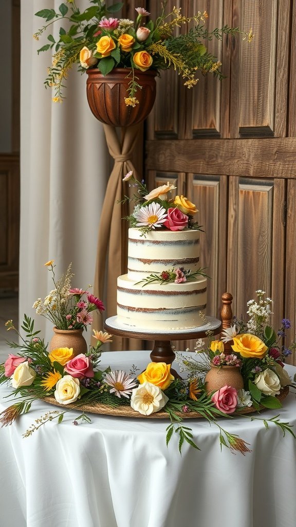 Cake table decorated with wildflowers and a rustic cake stand.