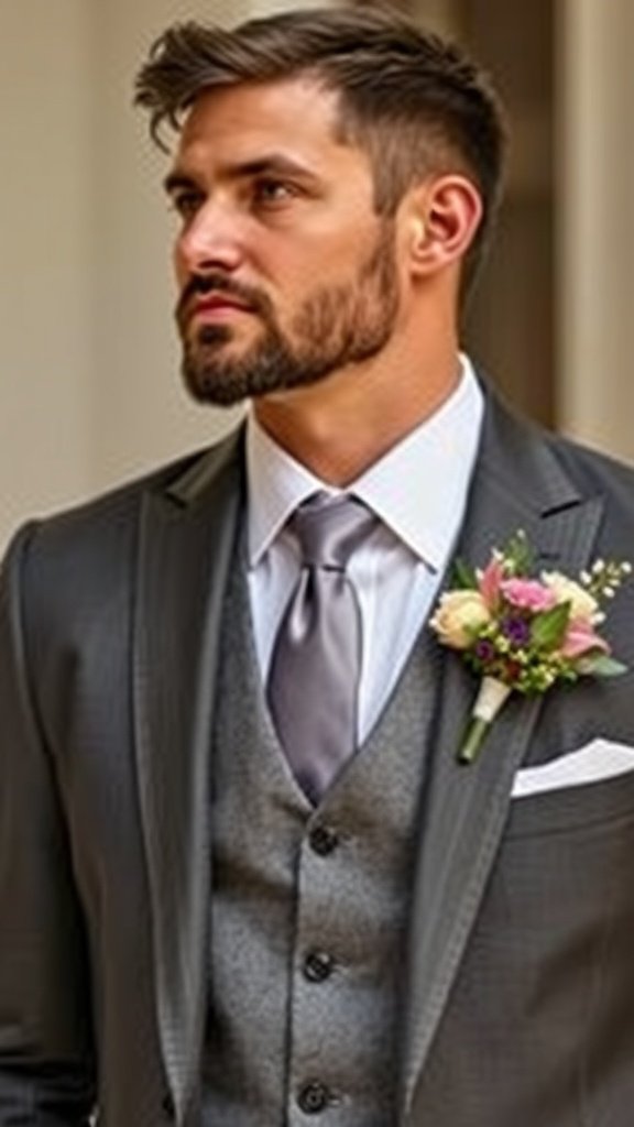 A groom wearing a grey suit with a vest and a wildflower boutonniere