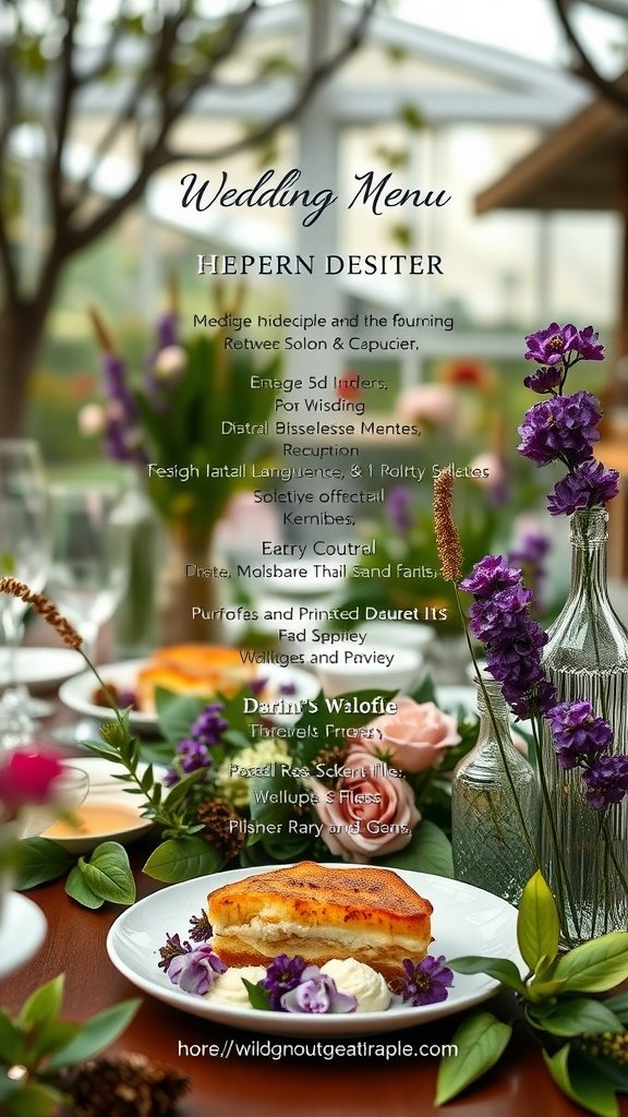 A beautifully arranged wedding menu with floral decorations, showcasing a delightful blend of dishes.