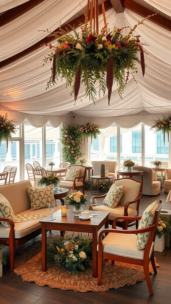 Cozy lounging area at a wedding reception featuring floral decorations and comfortable seating.