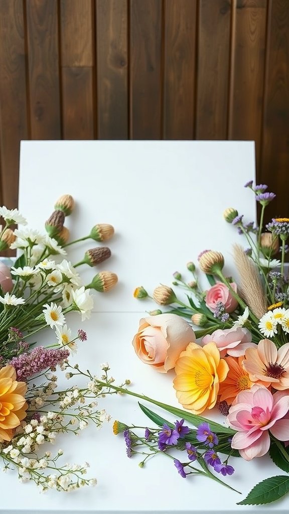An arrangement of colorful wildflowers on a white surface, with a wooden background.