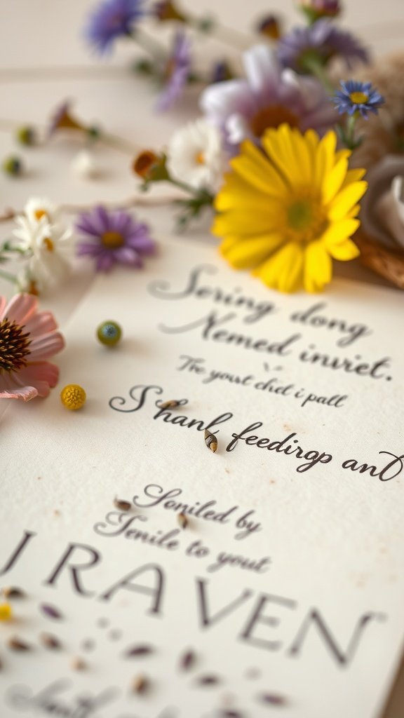A seed paper invitation surrounded by colorful wildflowers, embodying a wildflower wedding theme.