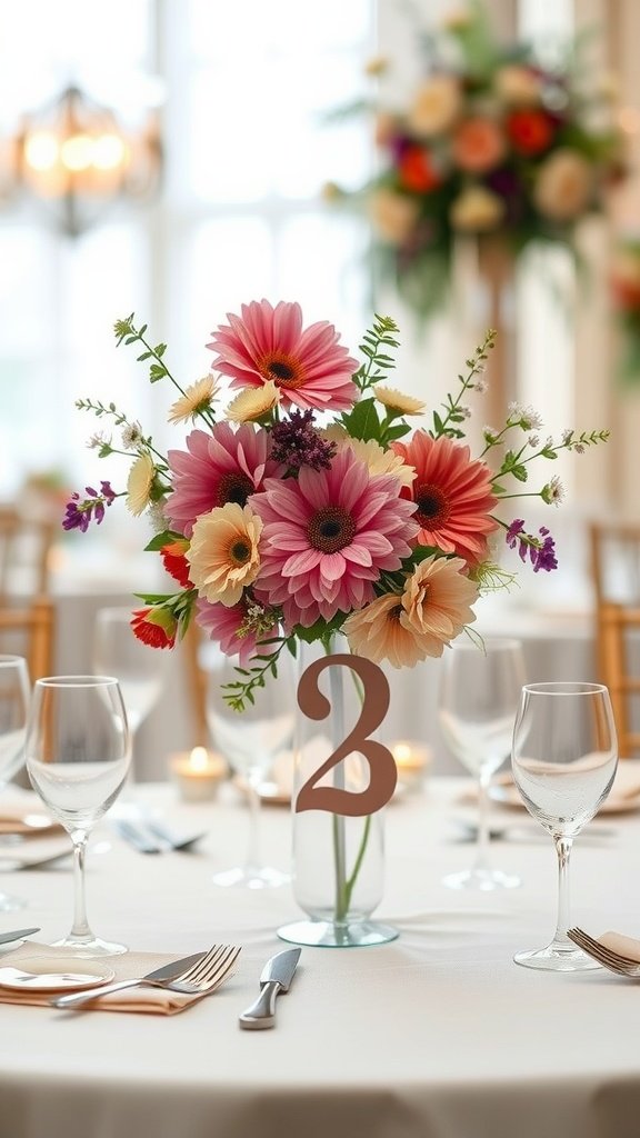 A table set with a floral arrangement and the number 2 for a wildflower wedding theme.