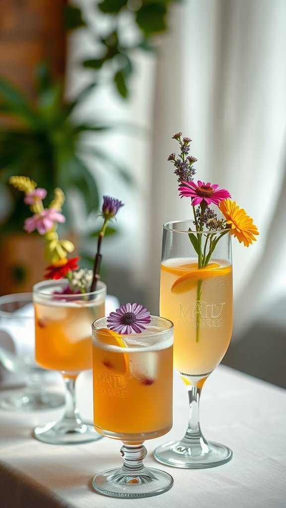 Three colorful cocktails garnished with flowers, perfect for a wildflower wedding theme.