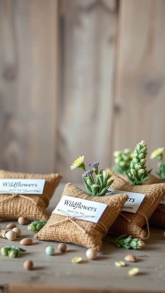 Burlap bags filled with wildflower seeds, decorated with small flowers and tags