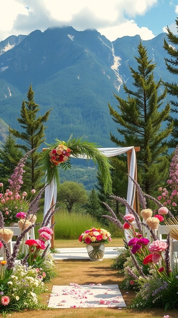 A beautiful outdoor wedding setup with mountains in the background, featuring colorful wildflowers and a floral arch.