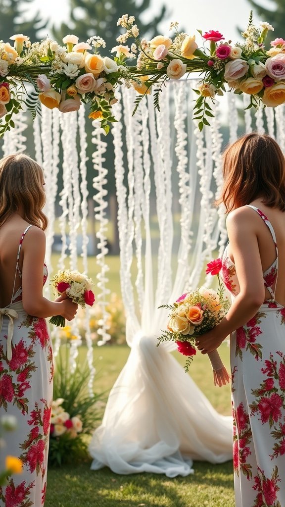 Two women in floral dresses holding bouquets in front of a floral arch at a pre-wedding event