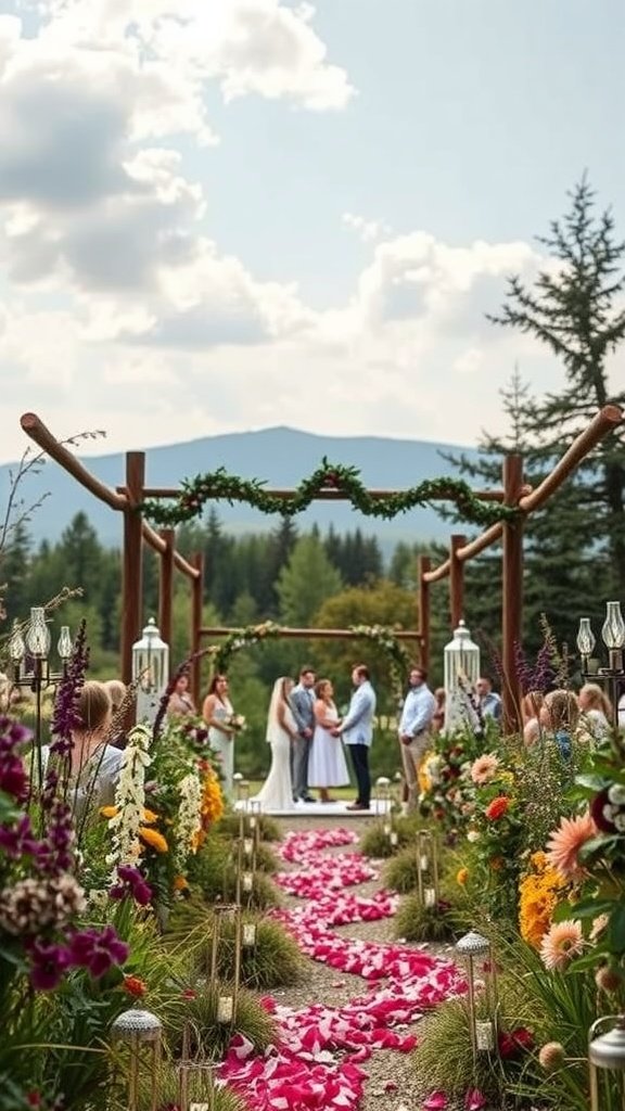 Outdoor wedding ceremony featuring a beautiful wildflower theme with vibrant flowers, a floral arch, and guests gathered around.
