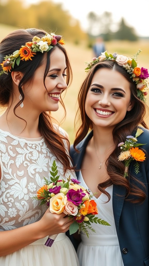 Two bridesmaids smiling with floral crowns and colorful bouquets