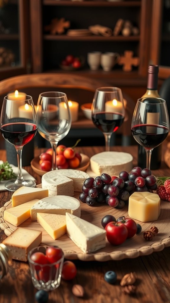 A beautifully arranged table with various cheeses, fruits, and glasses of red wine, ideal for a bridal shower wine and cheese evening.